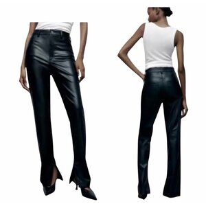 ZARA Black Pants 6 Straight Lag Faux Leather High Rise Slit Hem Stretchy Pants